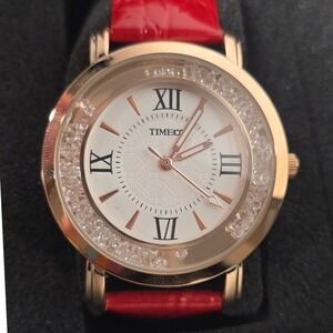 TIME100 Women's Quartz Watch Red Leather Strap Crystal Bezel w Box NWT